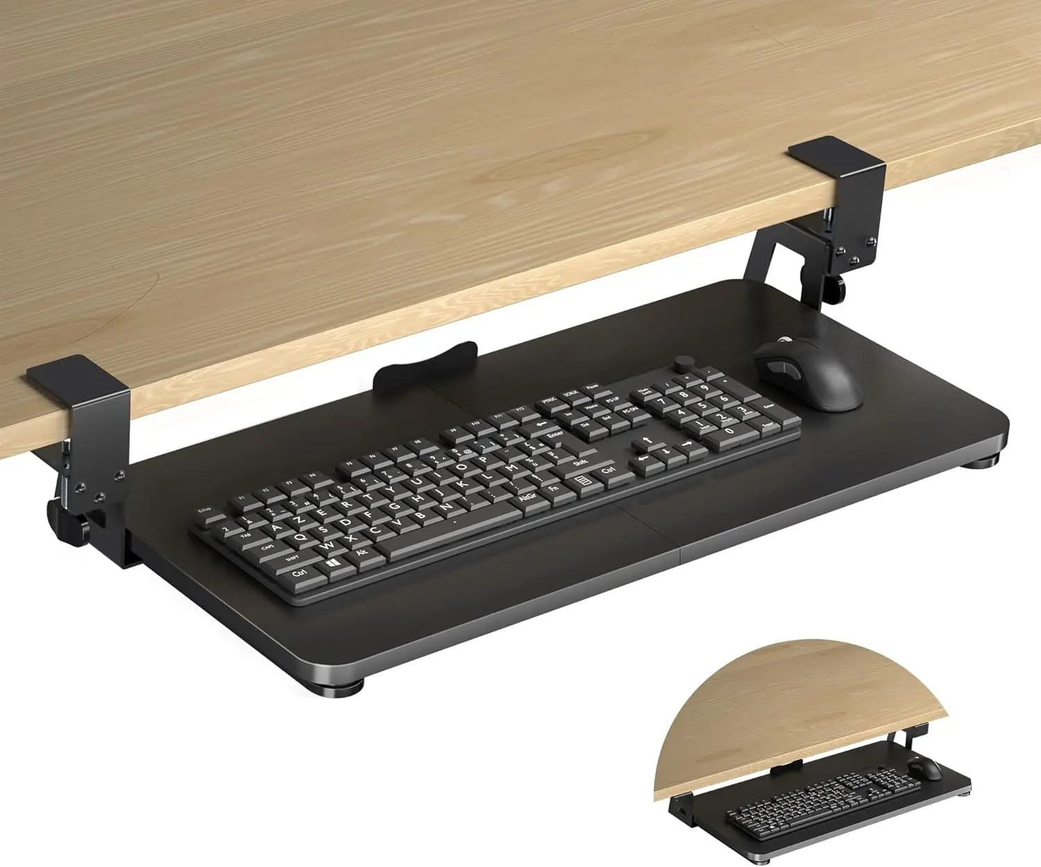 Black Under Desk Keyboard Tray with Large C-Clamps, 25.6” x 11.8” Slide-Out Platform, No EVA, 4.45 Inches Height, Metal Rail, 30” Total Length Pull-Out Computer Drawer for Keyboard & Mouse (DSF4), Ergonomic Typing Angles