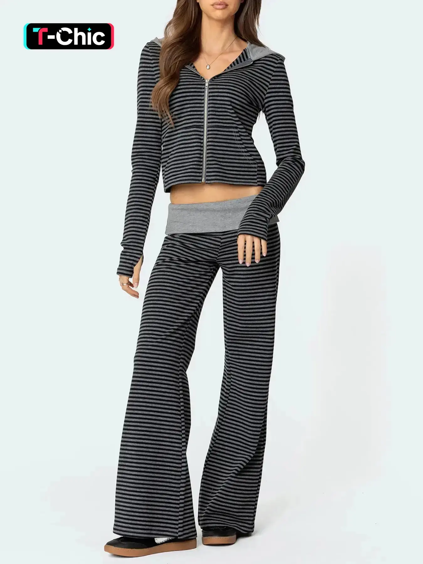 2-piece set Women's Striped Long Sleeve Hooded Cardigan Top & Wide Leg Pants Knit Set Outfit, Casual Everyday Wear, Suitable for All Seasons, Comfortable, Soft, Clothes
