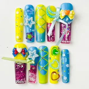 DiDazzle Dopamine Tropic Pop “Candy Wave” Aquarium 1.7inch Press-On Nails – Neon Candy Liquid Core Square Nails, TikTok Trend