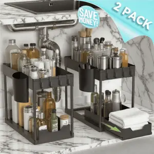 2-Pack Under Sink Organizer, 2 Tier Sliding Under Sink Storage, For Bathroom & Kitchen