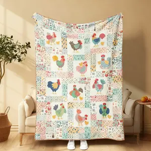 Country Rooster Patchwork Throw Blanket Soft Cozy Quilted with Colorful Chicken Pattern Rustic Accent for Sofa Bed Living Room Decor