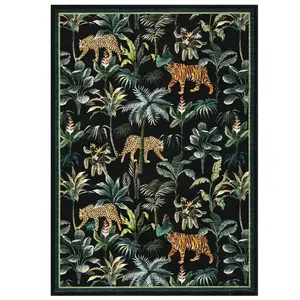 9 x 12 ft Polyester Cashmere Imitation Black Rectangular Hallway Bathroom Entryway Kitchen Office Foldable Jungle Tiger Leopard Printed Modern Washable Area Rug