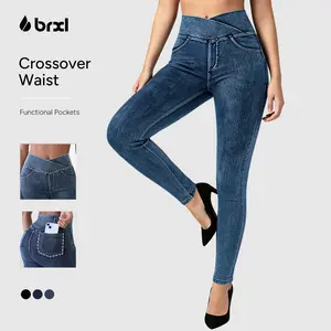 BRXL Women's High-Waisted Crossover Jeggings Stretchy Denim Leggings with Back Pockets V Cross Waist Design for Tummy Control and Flawless Fit #Streetwear #outdoorfun#Summervibes #beachoutfit-1