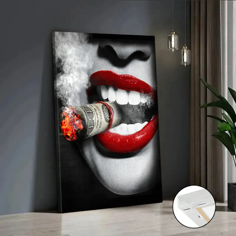 Cigarette Lips Mural - Modern Abstract Canvas Painting Art, Red Lips Smoke | Cigarette Art, Framed Poster Wall Decor, New Wall Decor | Suitable for Office, Living Room, Bedroom, Dining Room, Apartment, Bathroom, Toilet, Birthday, Holiday Gift