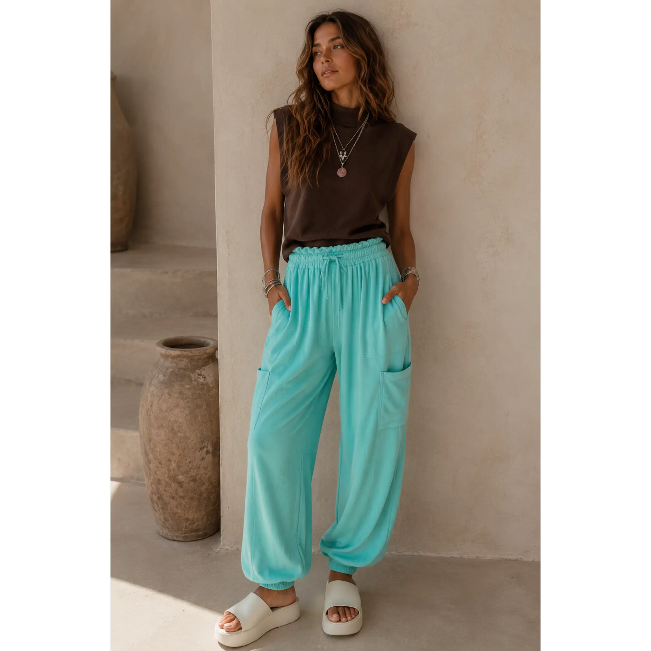 Ruffle Waist Burnout Jogger Pants