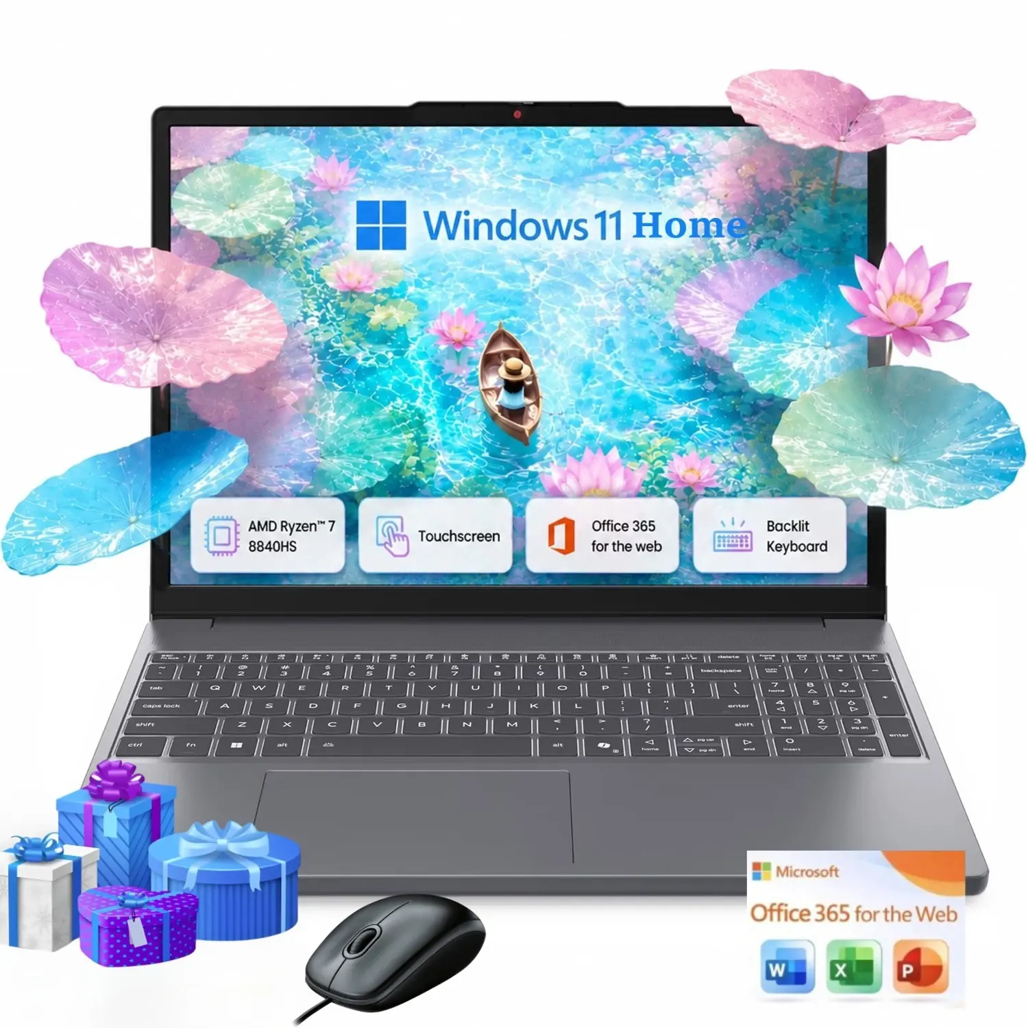 Lenovo 15.3-in Touchscreen Laptop (2026, Gray) - AMD Ryzen 7 8840HS, up to 32GB RAM, 1TB SSD, 1080p FHD Display, Radeon 780M Graphics, IR Camera, Backlit Keyboard, Win 11 Home, Bundled Accessories, Bundle Pack