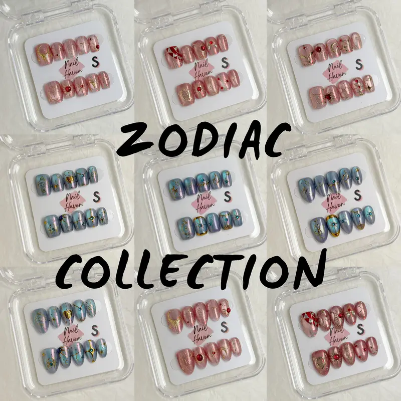 NailHaven| zodiac collection| 12 zodiacs symbols |short and 20mm short almond shape nails | high quality Press on nails 10 pcs|reusable nails|