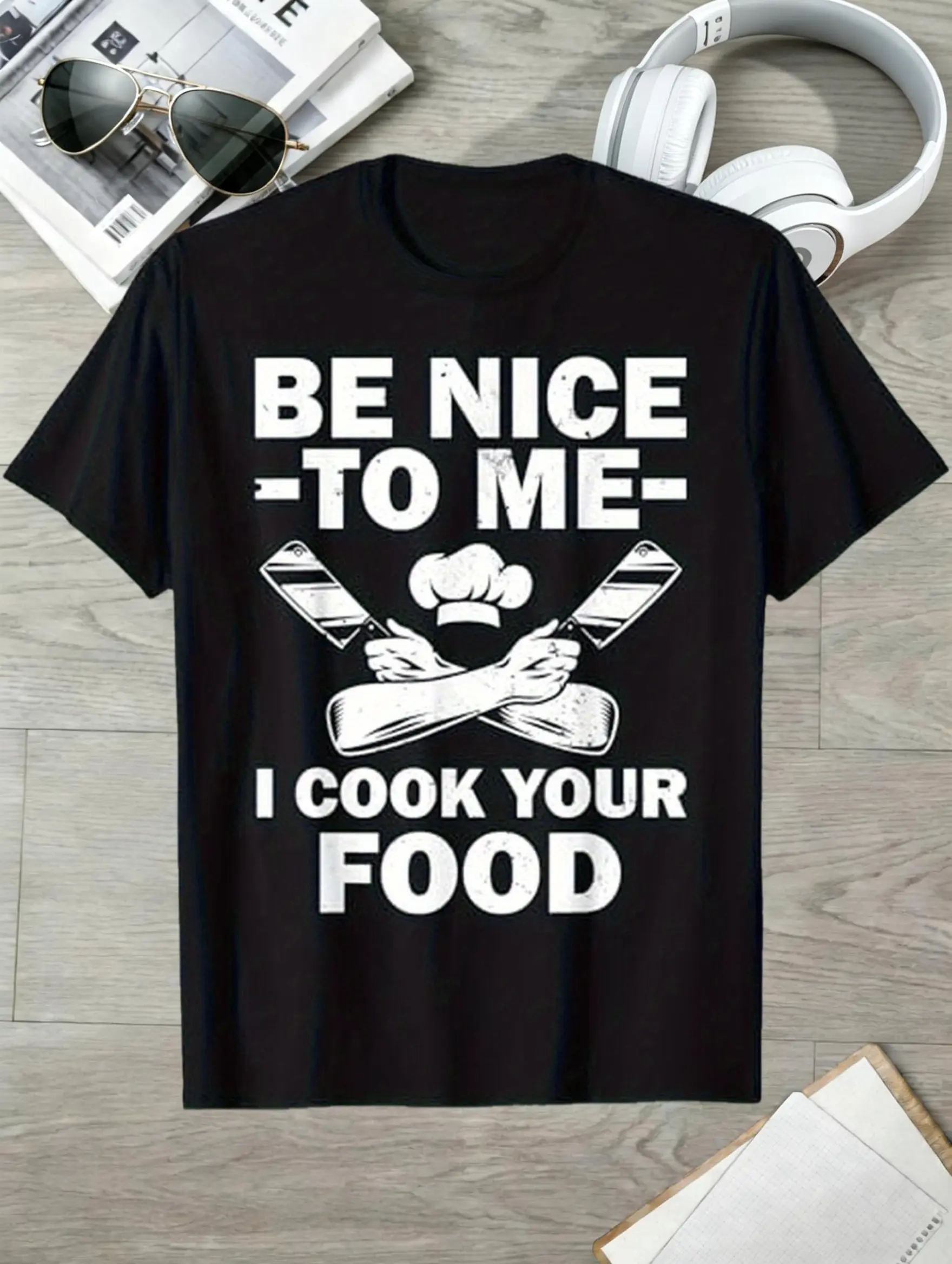 Funny Chef Vintage Graphic T-Shirt, Be Nice To Me I Cook Your Food Kitchen Casual Short Sleeve Tee, Restaurant Team Uniform, Backyard BBQ Gathering & Chef Birthday Holiday Gift, Loose Durable Streetwear Top For Culinary Enthusiasts