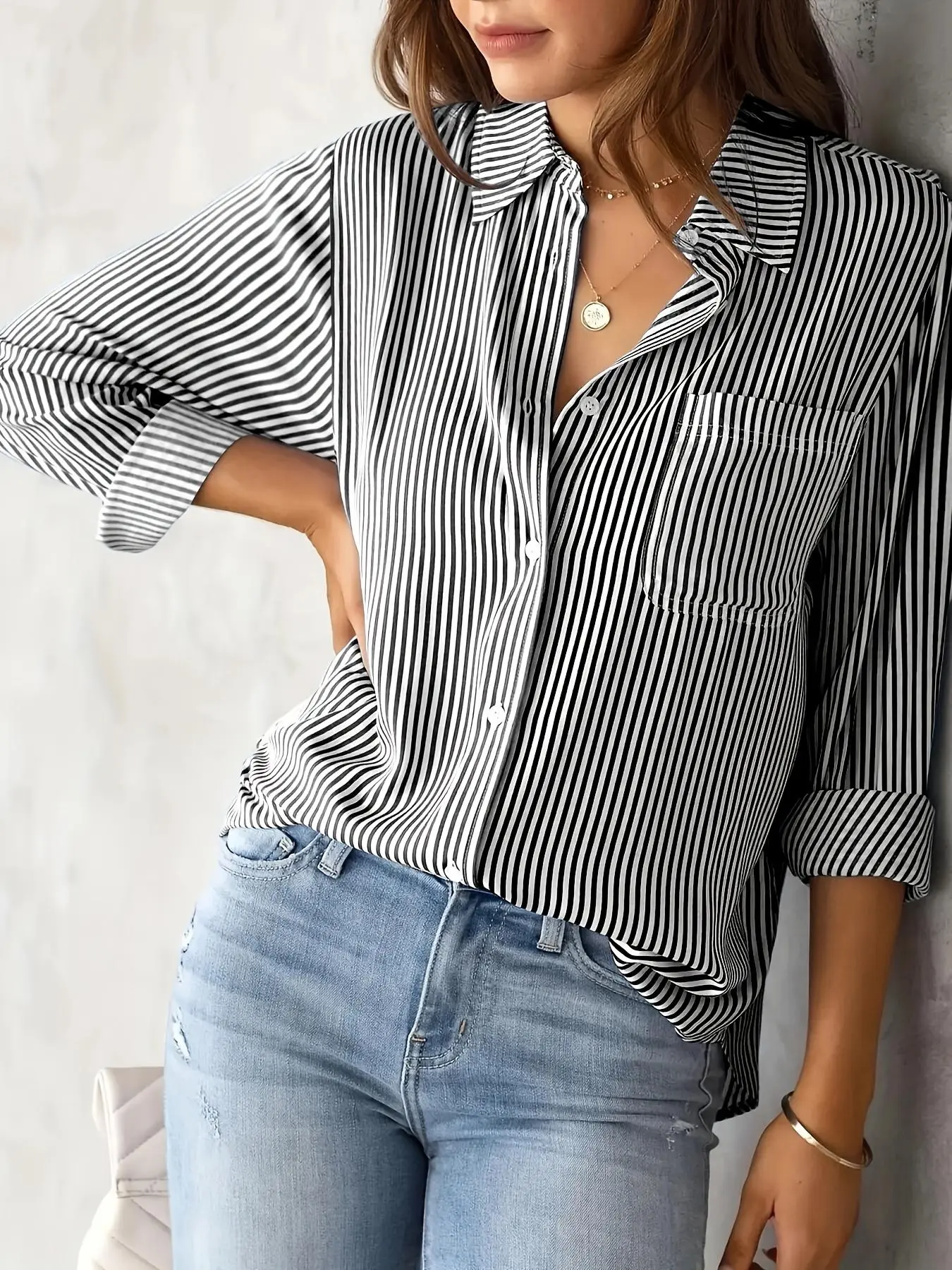 Women's Striped Print Button Front Woven Shirt, Casual Long Sleeve Pocket Collared Blouse Top for Daily Wear, Summer Outfits 2024, Ladies Clothes for All Seasons, National Day Clothing
