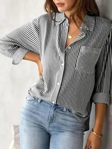 Women's Striped Print Button Front Shirt, Casual Long Sleeve Pocket Collared Top for Daily Wear, Summer Outfits 2024, Ladies Clothes for All Seasons, National Day Clothing
