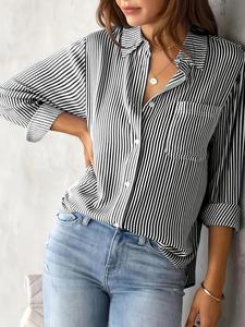 women's striped print button front shirt, casual longsleeves pocket collared top for daily wear, summer tops, clothes for women, going out tops, ladies clothes for fall, tops for women, womenswear, classy tops, button up shirt