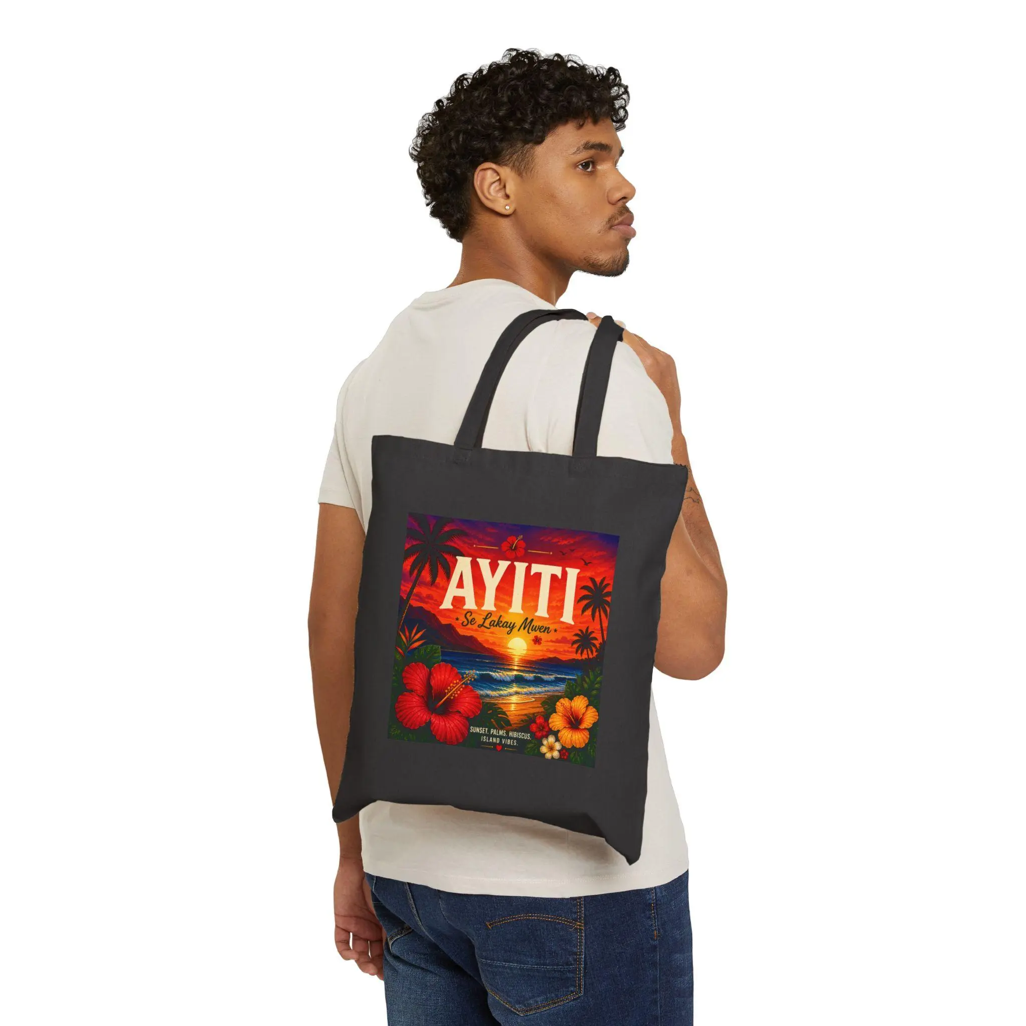 Ayiti Tropical Tote Bag for Women, Haitian Hibiscus Graphic Cotton Canvas Shoulder Bag for Beach Days, Coastal Beach Girl Aesthetic