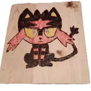 Pokemon Litten Woodburn Handmade Desk Decor - Cute Character with Sunglasses and Cat-Eyed Design