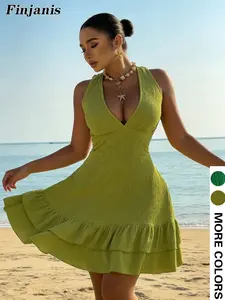 Plus Size Sleeveless Casual Dress, Deep V Waist Design, Textured Fabric, Ruffle Hem, Sexy Feminine Vacation Style, Slimming Effect