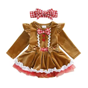 Canrulo Baby Girl Christmas Outfit Gingerbread Man Romper Dress Velvet Ruffle Lace Trim Long Sleeve Bodysuit with Headband Cute 2Pcs Newborn Holiday Clothes Photo Shoot