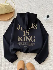 Women's Letter Print Drop Shoulder Hoodie, Graphic Print Hoodie, Casual Drawstring Pocket Thermal Lined Hooded Sweatshirt for Daily Wear, Women Clothing for Fall & Winter