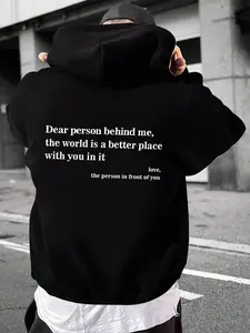 Men's Letter Print Drop Shoulder Thermal Lined Hoodie, Fashion Casual Regular Fit Drawstring Pocket Hooded Sweatshirt for Daily Holiday Outdoor Wear, Men Clothes for Fall & Winter