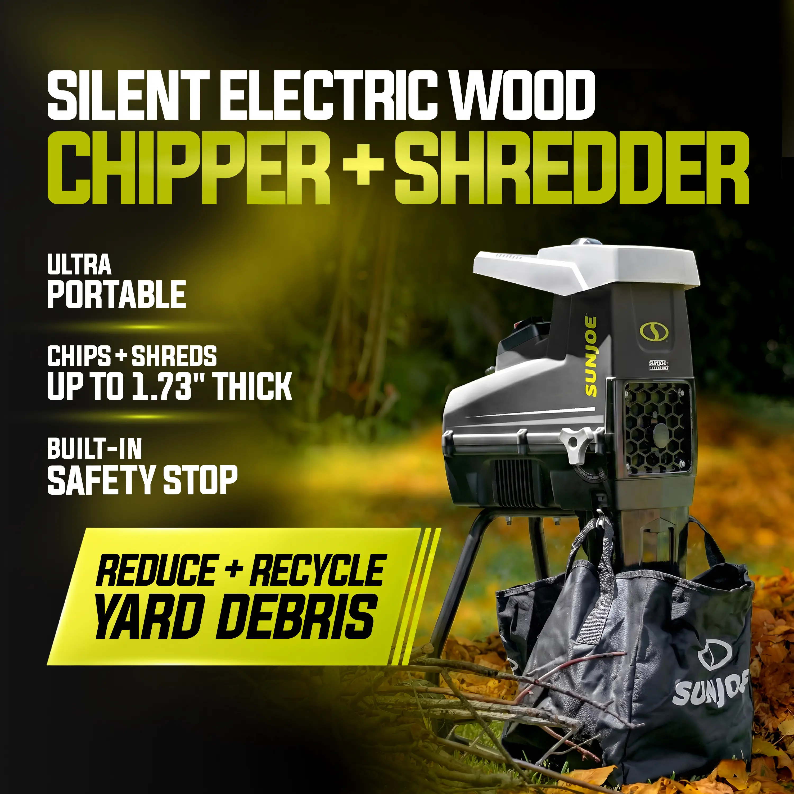 Sun Joe Silent Operation 15-Amp Motor Electric Wood Chipper + Shredder with Collection Bag, 1.7-in Cutting Diameter, for Yard Cleanup