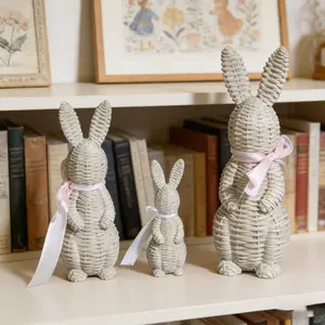 3pc Easter Wicker Rabbit Statue Decor, Cartoon Bunny Figurine for Bedroom Living Room, Home Decoration for Easter Thanksgiving