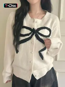 Elegant Bow Knit Cardigan for Women, Fall Winter Casual Long Sleeve Sweater, Stylish Butterfly Knot Design, Slimming and Youthful Look, Knitwear