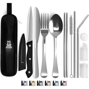 Portable Travel Silverware Set With Case, Includes 10 count of Travel Utensils With Case, Stainless Steel Flatware Set For Camping, Lightweight ()