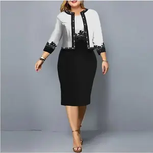 Women’s Plus Size Border Print Knee-Length Sheath Dress and 3/4 Sleeve Jacket 2-Piece Set