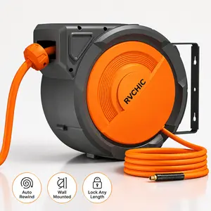 【Father's Day】RVCHIC 65FT Retractable Air Hose Reel Wall Mounted, Heavy Duty Auto Rewind Air Compressor Hose Reel with 300 PSI Hybrid Hose, Lock Any Length, 180° Swivel Bracket & Brass Fitting for Garage, Shop, Auto Repair & Tools