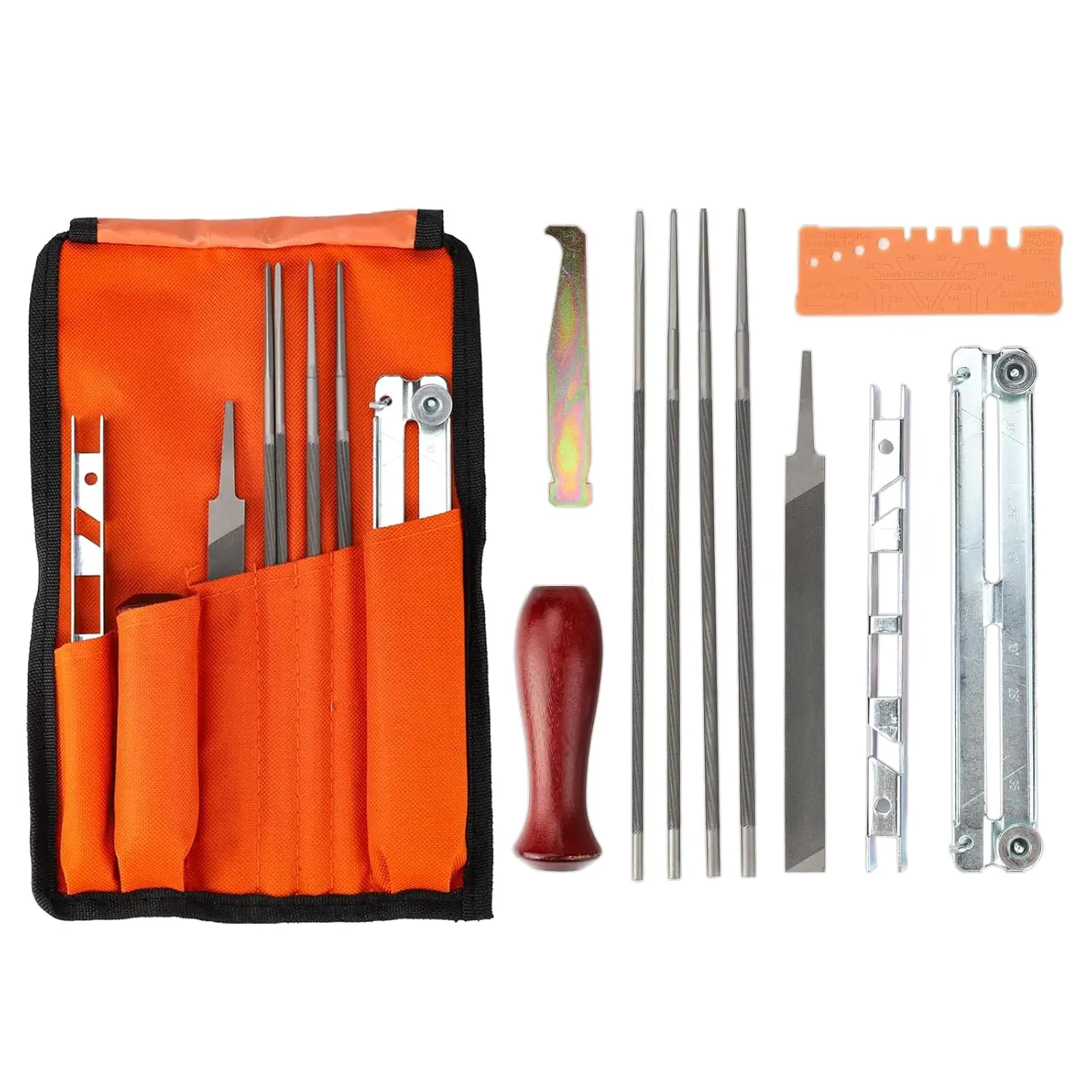 11 count Universal Chainsaw Sharpener Tool, Chainsaw Chain Sharpening Kit with 4 Sizes Round File (5/32", 3/16", 13/64", 7/32"), Flat File, Handle, Filing Guide & Pouch