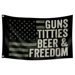 "Guns Titties Beer & Freedom" Camo American Flag Tapestry 3x5 FT - Polyester American Hardcore / Man Cave Wall Hanging for Bar, Garage, Home Bedroom Decor, Patriotic Meme Banner