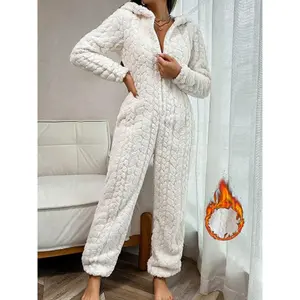 Women's Winter Coral Fleece Zip-Up Onesie Set, Casual Long Sleeve Pajamas, Loose-Fitting Hooded Home Wear, Plain Color