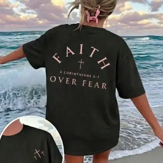 Women's 100% Cotton Loose Round Neck Garment - Unisex Friendly, Dual-Side Print Pink Faith Over Fear 2 Corinthians 5:7 Cross Minimal Christian Text Art Everyday Summer Cool Inspirational T-Shirt