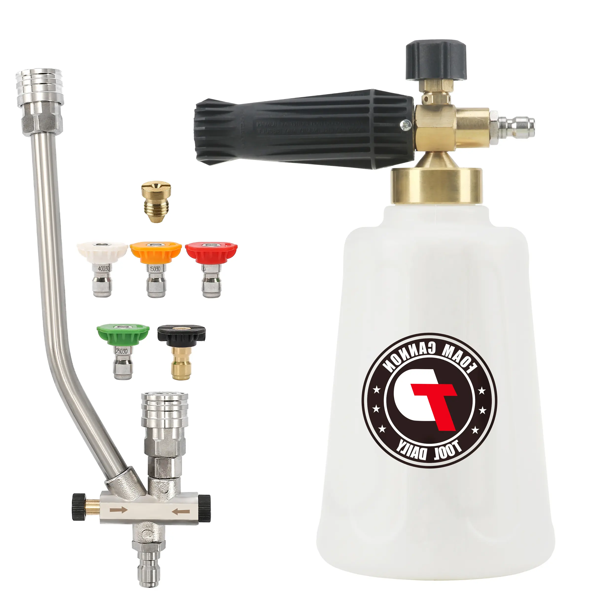 Power Washer Foam Cannon Accessory with Double Tip Attachment, Switch Valve, 3600 PSI Max, 5 Sprayer Nozzles, 1/4"-Quick Connect for Car, Motorcycle Washing, Vehicle Detailing, Window Washing | Father's Day Gift