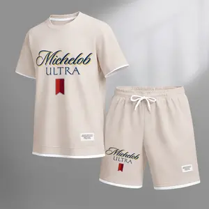 Men's Beer And Beverage Printed Drawstring Shorts Set, Suitable For Spring And Summer Wear, Casual Summer Set, Including Short-Sleeved Shirt And Shorts, Suitable For Everyday Wear And Sports 09