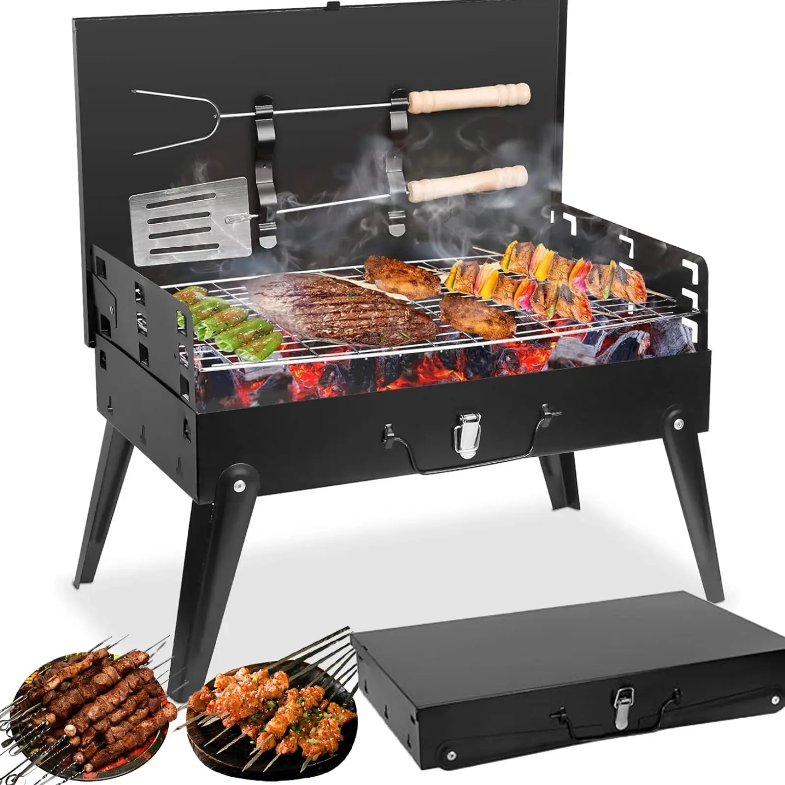 Portable Foldable Steel Charcoal Grill with Adjustable Rotisserie Spit & 3-Piece BBQ Tool Set (Shovel, Fork, Clip) – Compact Camping Kitchenware for Backyard, Camping Cooking (inches-compatible design)
