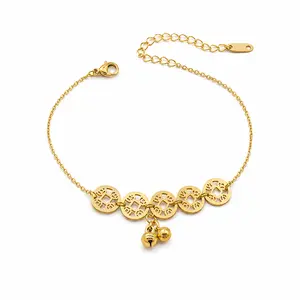 Women's Stainless Steel Gold Coin Anklet - Adjustable Boho Ankle Bracelet with Bell Charm, Summer Beach Footwear Jewelry Gift