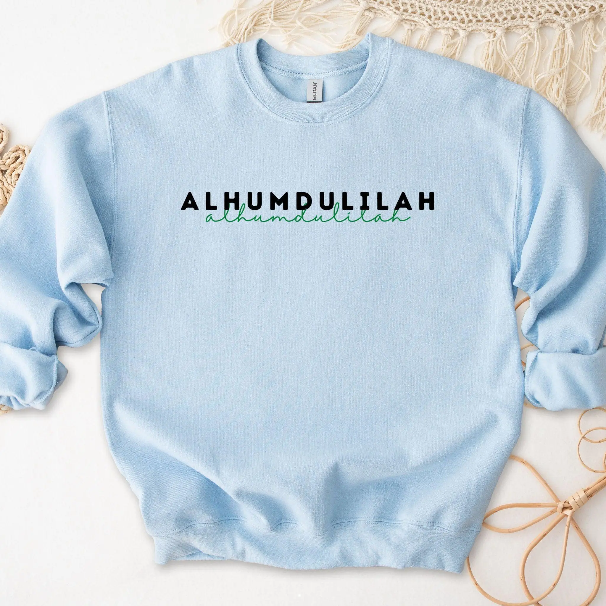 Alhumdulilah Sweatshirt - Alhamdulillah Sweatshirt by Humraha | Desi Arab Muslim Fashion Apparel Gifts for Ramadan Eid Nikkah Wedding Couples Families New Moms Aunts Uncles Grandparents | Pakistan India Bangladesh Palestine Lebanon Egypt Syria