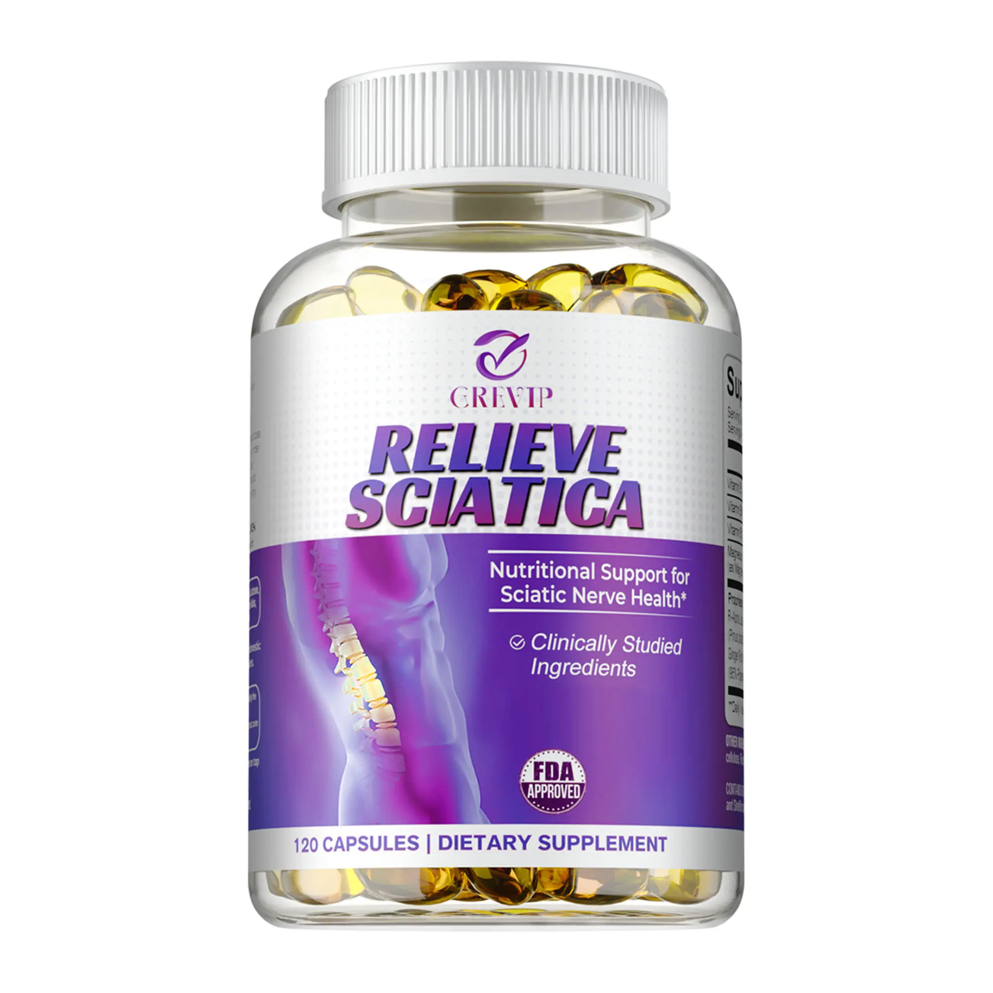 Grevip Nerve Soothing Vitamins - 120 capsules per bottle - Lower Lumbar Sciatic, Hip, Thigh, Leg, Foot . Grevip Nerve Soothing Vitamins - 120 capsules per bottle - Lower Lumbar Sciatic, Hip, Thigh, Leg, Foot .