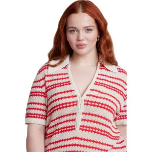ELOQUII Women's Plus Size Pointelle Stripe Boxy Sweater Top