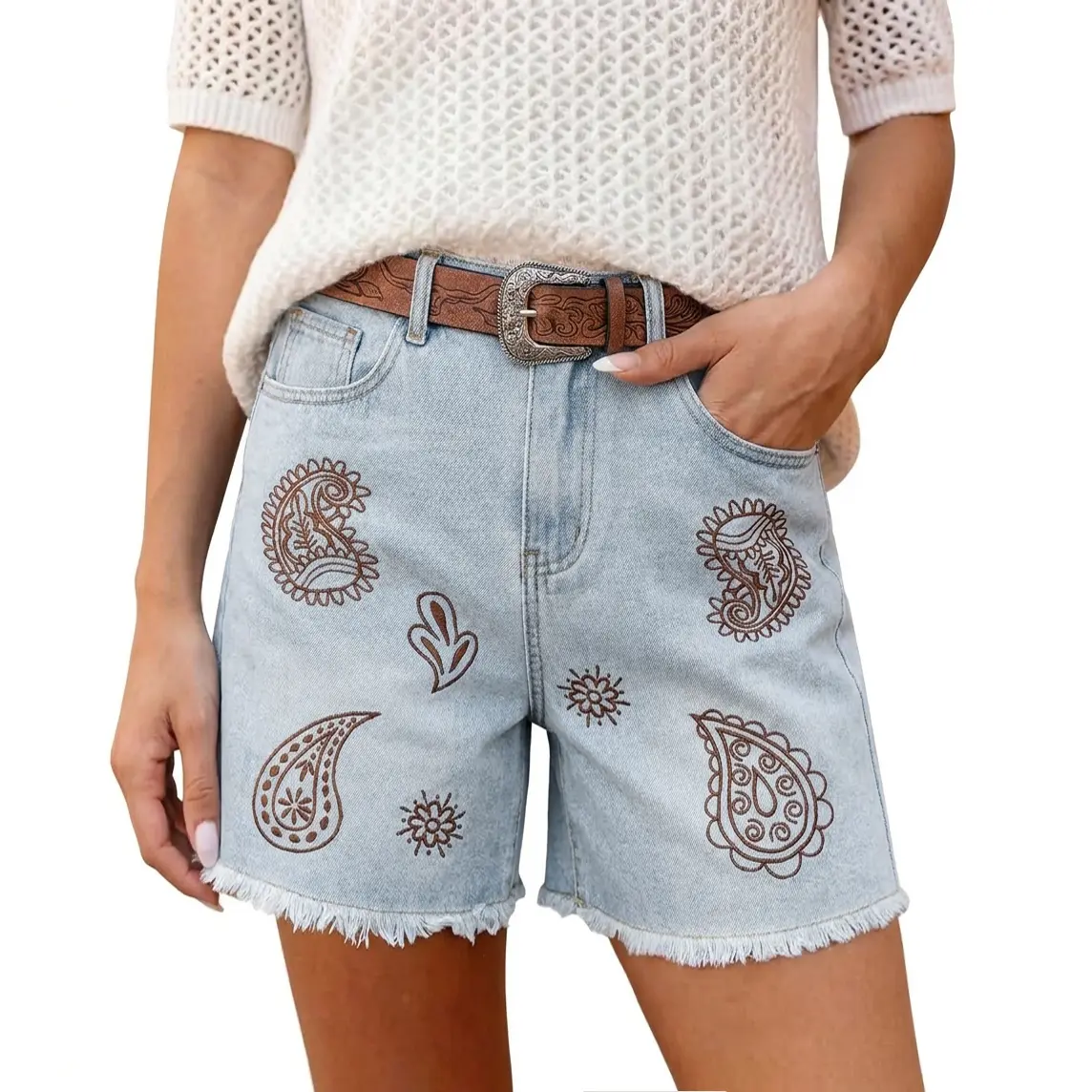 Vintage Paisley Embroidered Denim Shorts Loose Fit Mid Rise Jean Jorts Casual Everyday Raw Cut Summer Denim Shorts