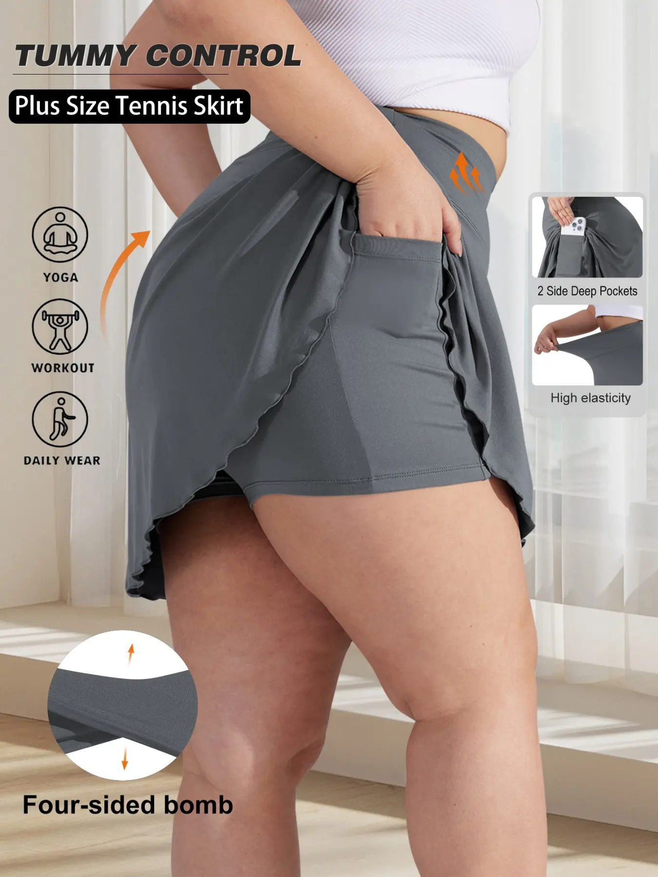 Women's Plus Size Solid Color Side Pocket Lined Short Skirt, High Waist Design, High Stretch Soft Fabric, Fashionable Summer Essential, Tennis Skort, Stretchy Skorts, Tennis Skirts, High Waisted Skorts, Pockets Stretchy Skorts