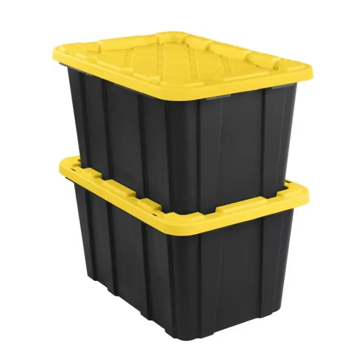 Sterilite Large Storage Bin, 27 Gallon Durable Plastic Storage Tote with Snap-On Lid, Black and Yellow, 6 Pack