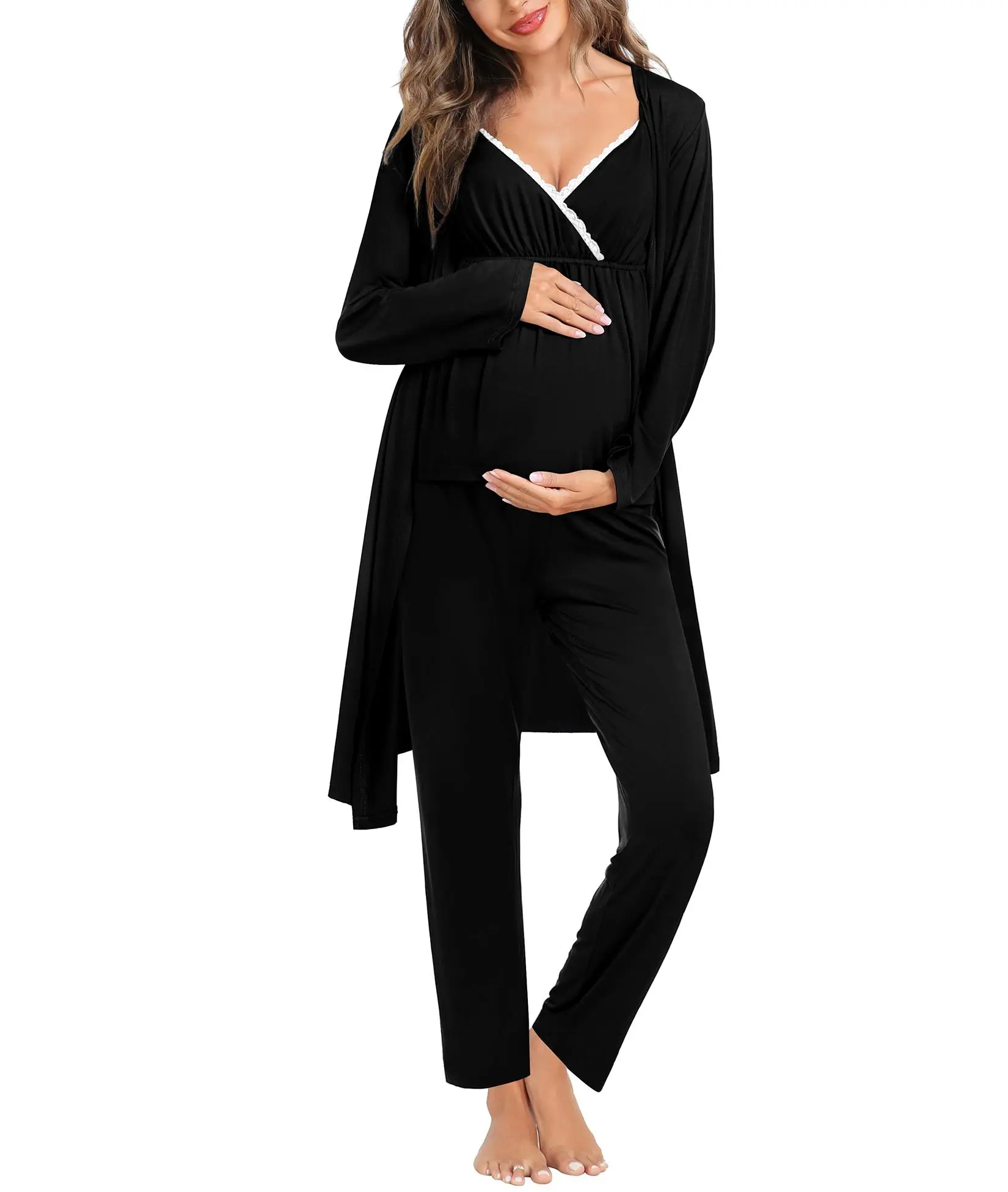 SWOMOG Women's 3-Piece Soft Maternity Apparel, Nursing Pajama Robe Set for Labor & Delivery with Adjustable Pants, Breastfeeding Clothes