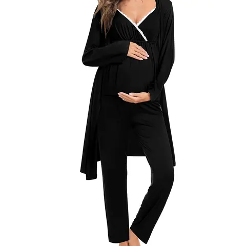 SWOMOG Women's 3-Piece Casual Fit Dark Maternity Apparel Nursing Pajama Robe Set - Elastic Belly-Friendly Pants, Long Sleeve Shirt, Buttoned Gown with Adjustable Strap & Contrast Lace for Pregnancy, Postpartum Outfits, Breastfeeding Clothes