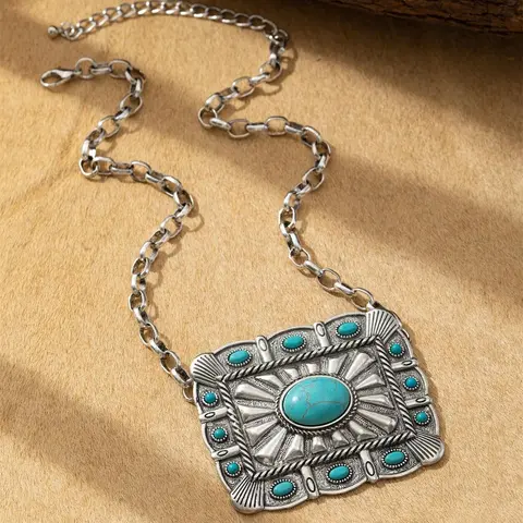 1pc Vintage Bohemian Style Women's Geometric Carved Inlay Turquoise Zinc Alloy Chain Pendant Design Necklace, Suitable for Daily Wear and