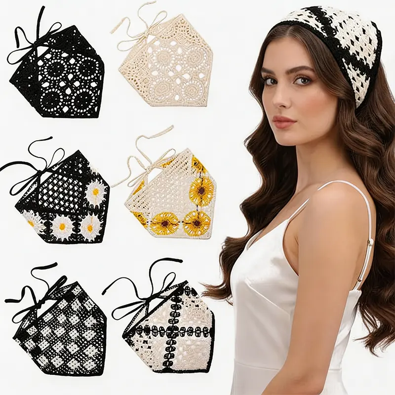 Women's 6-Pcs Elegant Bohemian Crochet Knitted Headscarf Set, Easy-to-Adjust Vintage Headband Straps, Ideal for Daily Casual Wear, Beach Vacations