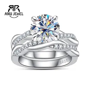 AnuJewel 3CT Moissanite Engagement Rings Wedding Band D Color VVS1 Round Cut 925 Sterling Silver Golden Plated Bridal Sets for Women Valentine's Day and Christmas Day with Certificate