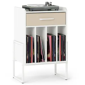 Multi-Purpose Record Player Stand with Drawer and Record Holder-White