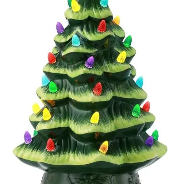 Hand Painted Ceramic Christmas Tree 15-Inch Pre-Lit with 128 Multi Color Lights, 2 Star Toppers in Green, Beautiful Design