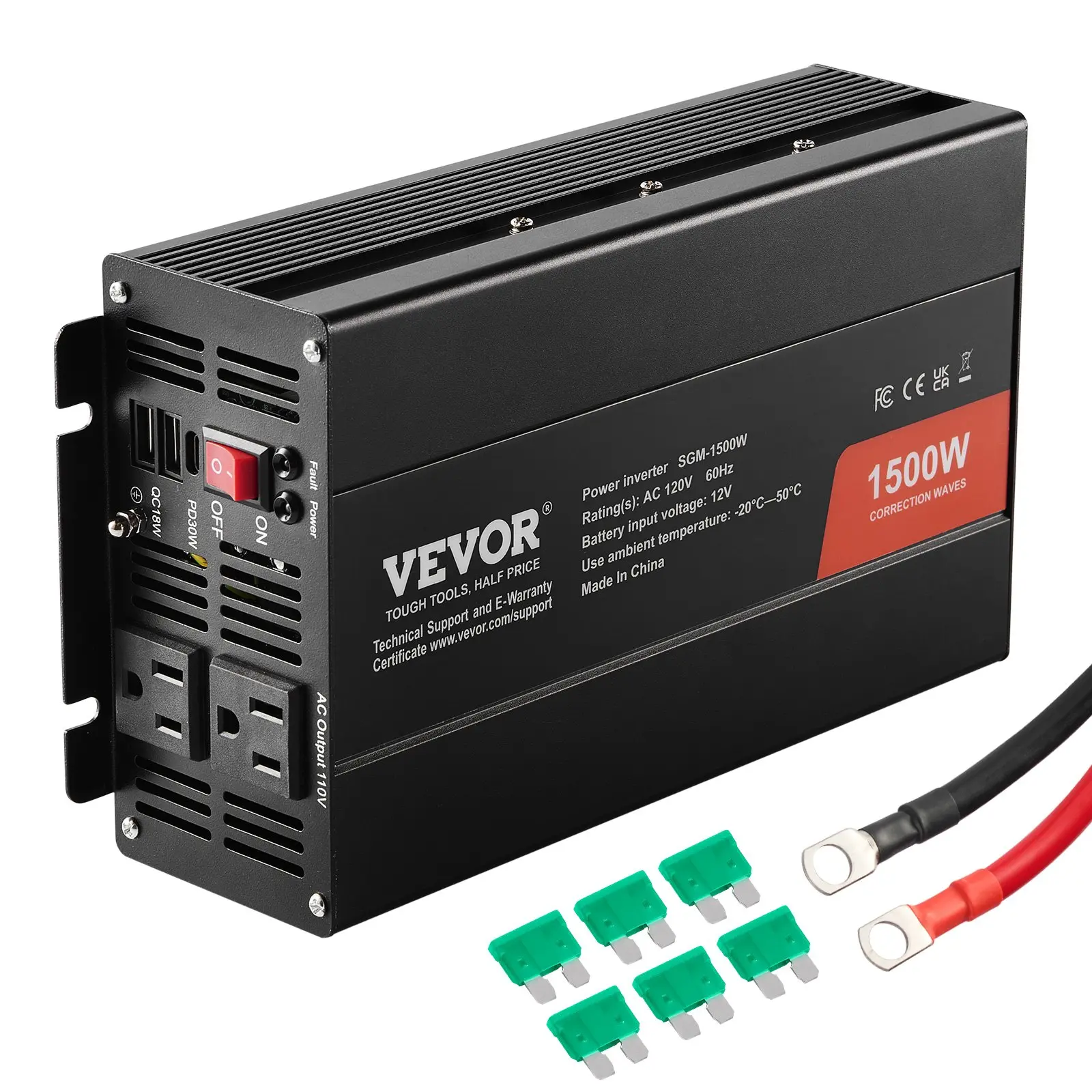 VEVOR 1500W Modified Sine Wave DC to AC Power Inverter - DC 12V to 120V, 2 AC Outlets, 2 USB Ports, 1 Type-C Port, 6 Spare Fuses, CE FCC Certified for Small Homes, 200W & Above Devices, 1500 W