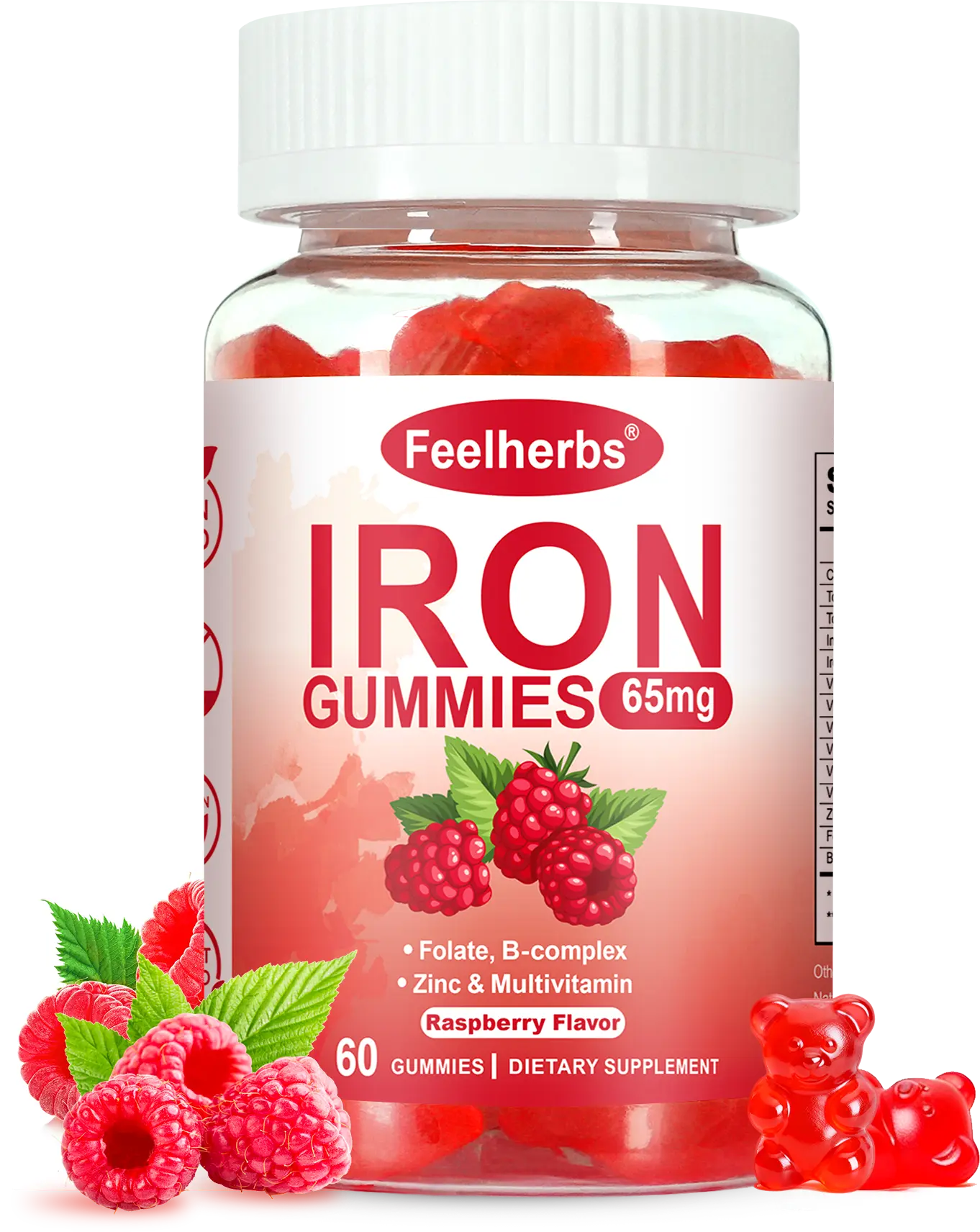 Iron Gummies for Women with Multivitamin, Iron Supplement for Women with Energy & Blood Builder, Raspberry Flavor Iron Vitamin Gummy with Folate, B Complex, Vegan 60 Gummies